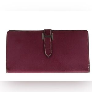 Authentic Hermes Burgundy Leather Wallet with Silver Accent